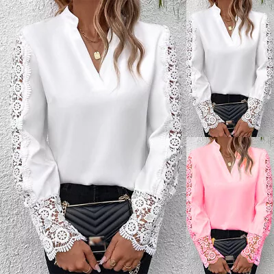 Buy Womens V Neck Lace Shirt Tops Ladies Office OL Work Casual Long Sleeve Blouse • 3.39£