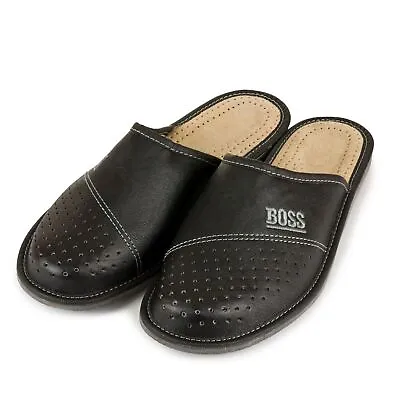 Buy Mens Leather Slippers Black Comfort Slip On Shoe Size 7-11.5 Mule HandMade • 10.89£