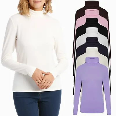 Buy Womens Ladies Long Sleeve Roll Neck T Shirt High Polo Ribbed Knitted Jumper Tops • 7.98£