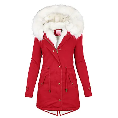 Buy Women's Warm Long Coat Fur Fleece Hooded Jacket Solid Color Winter Parka Coats • 35.65£