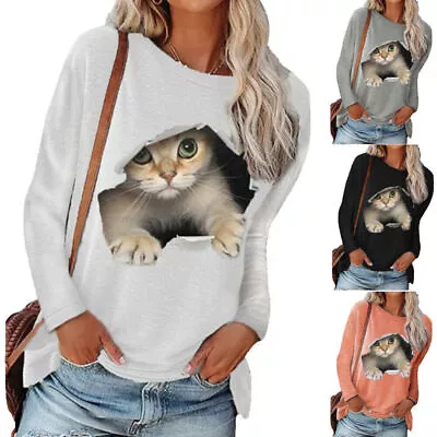 Buy Ladies Cat Print Long Sleeve T-shirt Blouse Casual Loose Pullover Top Tee Shirts • 15.29£