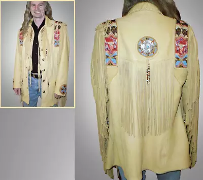 Buy Mens Cowhide Leather Jacket Native American Fringes Beaded Men Western Wear Coat • 139.99£