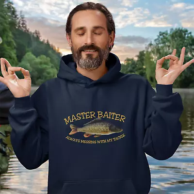 Buy Funny Humorous Anglers Master Baiter Text With Carp Premium Hooded Sweatshirt • 30£