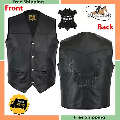 Buy LEATHER WAISTCOAT Biker Vest Motorcycle Motorbike Leather Vest Embossed Eagle • 24.69£