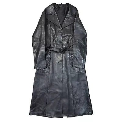 Buy Vintage Real Leather Trench Coat Jacket Matrix Long Y2K Retro Black Womens Small • 89.99£