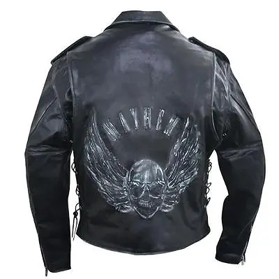 Buy Mens Premium Black Distressed Leather Jacket With Embossed Flying Skull Armoured • 145£