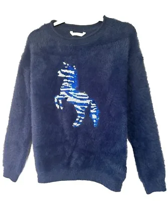 Buy Brand New M&S Kids Navy Mix Reversible Sequin Unicorn Knitted Jumper Size 10-11Y • 14£