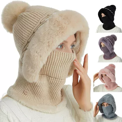 Buy Womens Winter Warm Hat Knitted Scarf Hooded Fleece Neck Warmer Thick Hat Cap • 10.99£