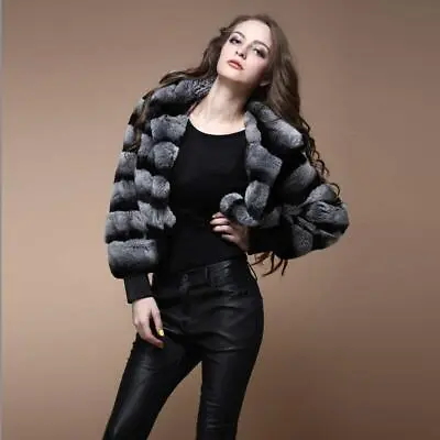 Buy Women Real Rex Rabbit Fur Short Coat Hooded Jacket Slim Warm Chinchilla Overcoat • 227.57£