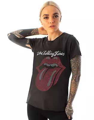 Buy Amplified Rolling Stones Tongue Logo Diamante Women's Charcoal T-Shirt • 34.99£