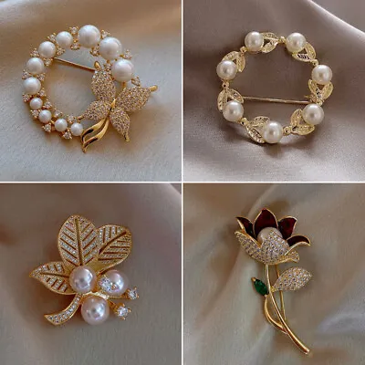 Buy Fashion Pearl Flower Crystal Zircon Brooch Pin Charm Women Wedding Party Jewelry • 3.07£