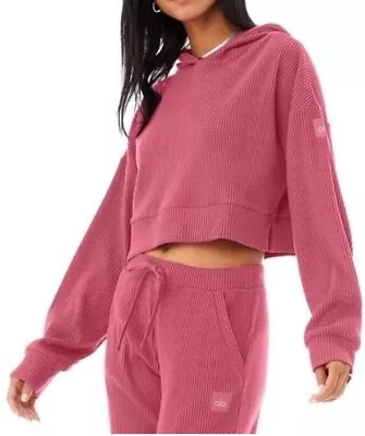 Buy Alo Yoga Cropped Muse Pink Ribbed Knit Hoodie Stretch Workout Women Size Small • 33.11£