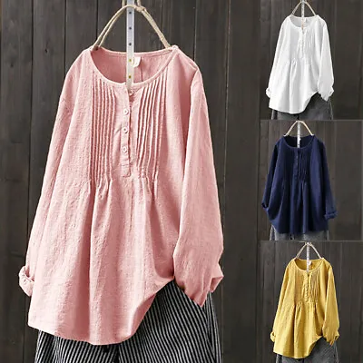 Buy Plus Size Womens Cotton Linen Tunic Tops Ladies Long Sleeve Baggy T-Shirt Blouse • 11.39£