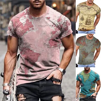 Buy Men Crew Neck Short Sleeve Tops World Map Printed Muscle Casual Loose T-shirt • 13.43£