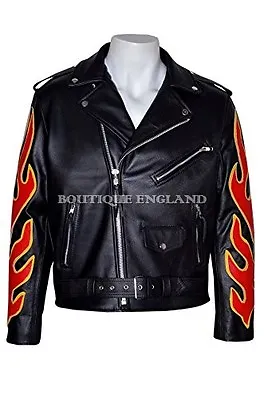 Buy BRANDO Classic Mens Leather Jacket Black ,RED Flame Biker Style REAL HIDE MBF • 124.75£