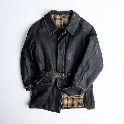 Buy Vintage 50s French Distressed Black Leather Workers Chore Jacket - Size Medium • 90£