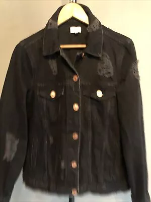 Buy Womens RIVER ISLAND Black Distressed Denim Jacket Size Uk 12 • 9.99£
