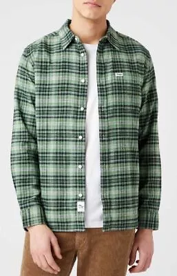 Buy Wrangler One Pocket Flannel Check Long Sleeve Shirt Stone Green • 29£