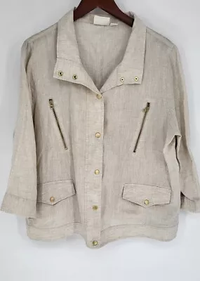 Buy Chico's Tan 100% Linen Jacket 3/4 Sleeve Pockets Women's XL (Vanity Size 3) • 23.53£
