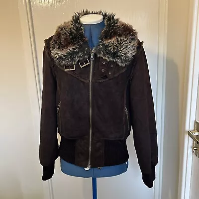 Buy Women’s Friday London Y2K Brown Suede Leather Jacket Faux Fur Trim Collar Fleece • 24.99£