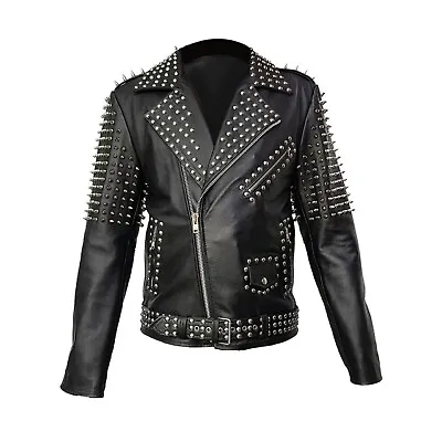 Buy Mens Punk Style Jacket Genuine Black Leather Rock Star Jacket With Spike Studded • 179.99£