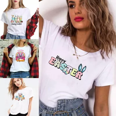 Buy T Shirt Ladies Baggy Fit Short Sleeve Slogan T-shirt Tee Tops Happy Easter Bunny • 5.92£