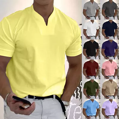 Buy Men's Short Sleeve V Neck Solid Blouse Tee Casual Golf Gym Slim Fit T Shirt Tops • 9.29£