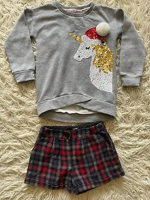 Buy Christmas Unicorn Jumper Tartan Shirts Set Sequin Girls Age 5-6 Years • 5.90£