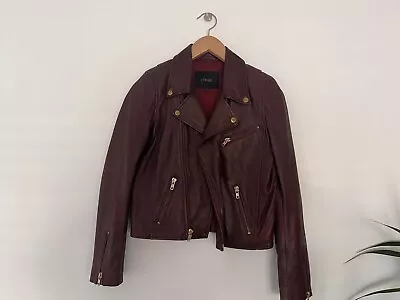 Buy Maje Burgundy Leather Biker Jacket With Gold Details UK Size 10 • 57.76£