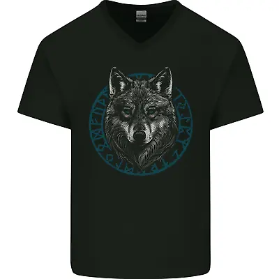 Buy A Wolf In Viking Symbols Text Valhalla Mens V-Neck Cotton T-Shirt • 9.99£