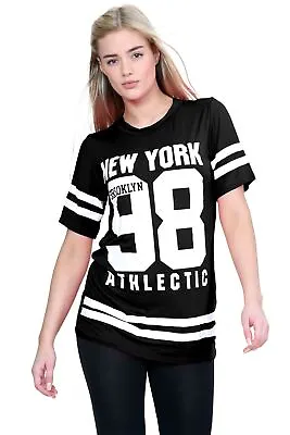 Buy Womens Oversized Stripe T-Shirt Newyork 98 Brooklyn Ladies Baseball Varsity Top • 10.05£