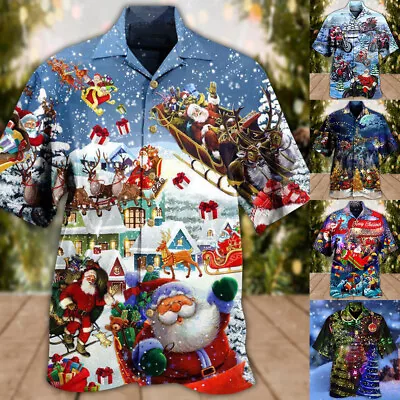 Buy Christmas Men Hawaiian Santa Claus Shirts Aloha Xmas Party Holiday T Shirt Tops • 15.29£