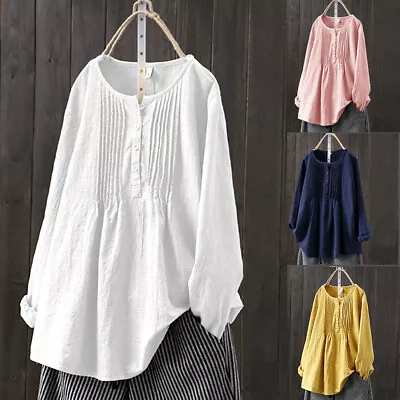 Buy Womens Cotton Linen Tunic Tops Long Sleeve Oversized Baggy Casual T-Shirt Blouse • 3.09£