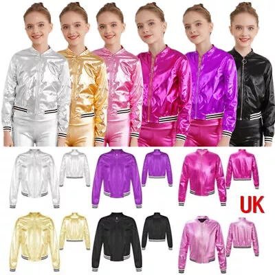 Buy UK Girls Metallic Baseball Jacket Top Long Sleeve Zipper Hip-hop Jazz Outerwear • 12.12£