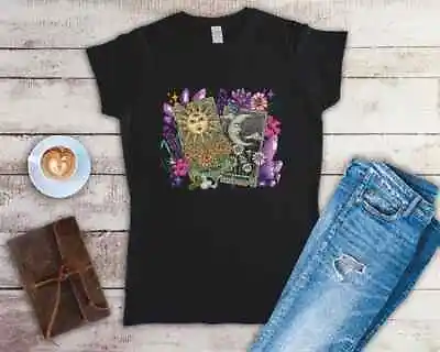 Buy The Sun And The Moon Tarot Cards Ladies Fitted T Shirt Sizes SMALL-2XL • 12.49£