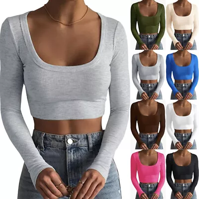 Buy Women Ribbed Stretch Crop Top Long Sleeve Casual T-shirts Basic Blouse Short Tee • 6.85£