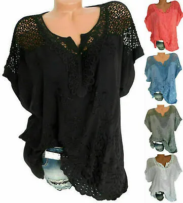 Buy Womens T Shirts Plus Size Short Sleeve Ladies Loose Blouse V-Neck Lace Tops Tee • 8.98£
