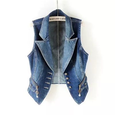 Buy Women Denim Waistcoat Gilet Vest Jeans Fade Fitted Lapel Sleeveless Jacket Tops • 23.99£