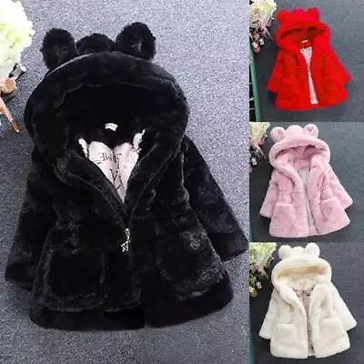 Buy Winter Faux Fur Jacket Girls Fleece Bunny Ears Coat Kids Warm Hooded Outwear New • 12.49£