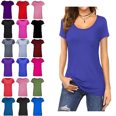 Buy Womens Cap Short Sleeve Round Scoop Neck Plain T-shirt Fitted Tee Top Uk 8-26 • 6.29£