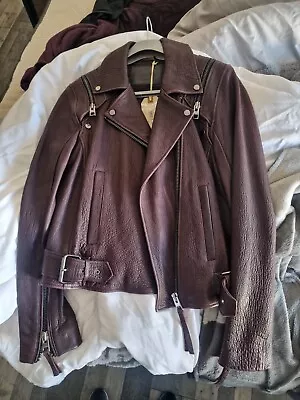 Buy All Saints Leather Jacket Women 12 Deep Burgundy • 140£