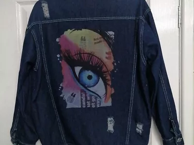 Buy Unique Quirky Denim Jacket Szm UK 14-16 DISTRESSED, Eye Print Back 21 Pit To Pit • 13.99£