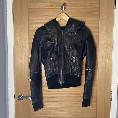 Buy Allsaints Cobra Bomber Black Leather Hooded Jacket Biker - Women's Size 8 • 74.99£