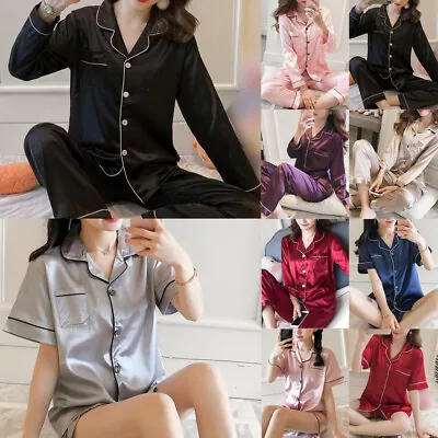 Buy Women Ladies Plain Silky Satin Pyjamas Silk PJs Sleepwear Pajamas Set Nightwear • 10.59£
