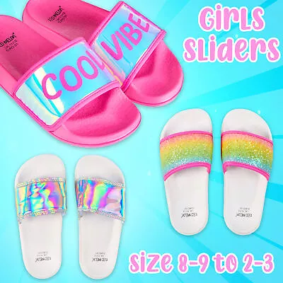 Buy Girls Kids Sliders Glitter Rainbow Cute Holo Iridescent Open Toe Slide Summer UK • 9.99£
