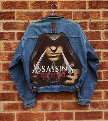 Buy Vtg Dark Blue Denim Jacket Assassins Creed Ezio Bomber Gaming Coat Cropped L • 40£