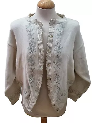 Buy UK14 16 L TULCHAN Knitted Scallop Front Floral Cardigan Jacket Coat Top SALE • 14.99£