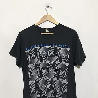 Buy Vintage 1989 Black Rolling Stones Steel Wheels Band Graphic T Shirt - Large • 60£