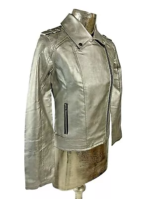 Buy LEE COOPER Biker Jacket Silver Faux Leather Womens NEW Size UK XS 8 EU36 RRP £70 • 39.99£