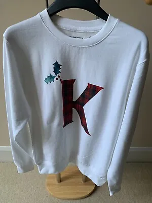 Buy Solesmith, White Christmas Sweatshirt/Jumper, W Red Tartan Initial ‘K’ & Holly • 13.50£
